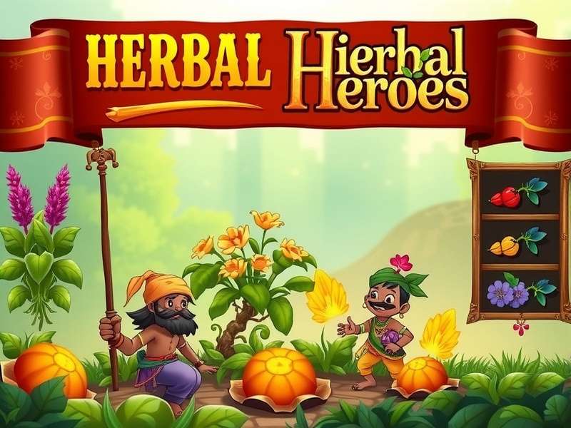 Herbal Heroes game banner featuring Indian herbs and characters